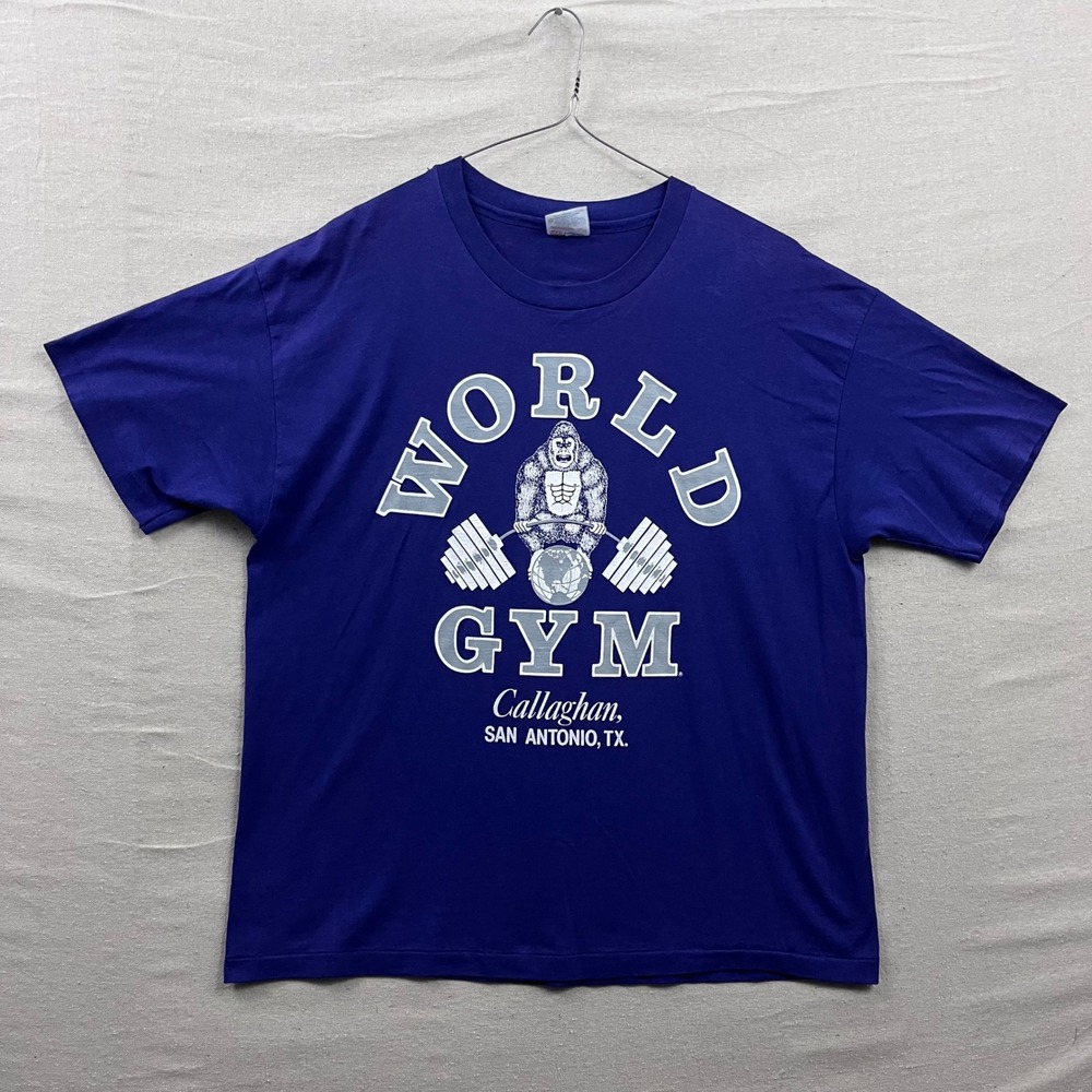 World Gym T-Shirt Mens XL Purple Vintage 90s Gorilla Graphic San Antonio TX